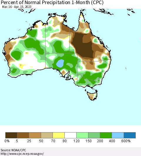 Australia Percent of Normal Precipitation 1-Month (CPC) Thematic Map For 3/16/2023 - 4/15/2023