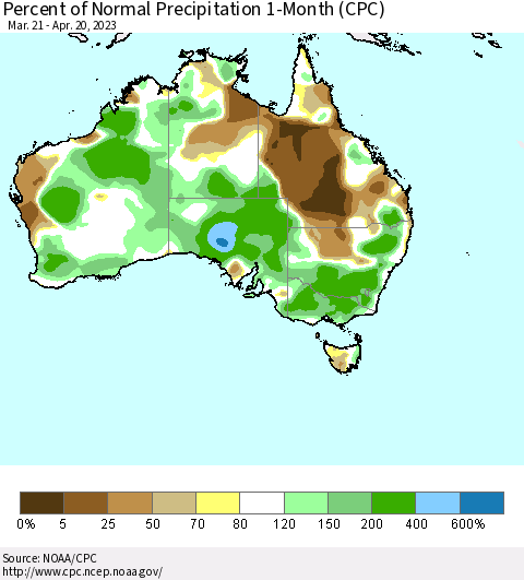 Australia Percent of Normal Precipitation 1-Month (CPC) Thematic Map For 3/21/2023 - 4/20/2023