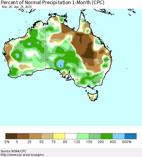 Australia Percent of Normal Precipitation 1-Month (CPC) Thematic Map For 3/26/2023 - 4/25/2023