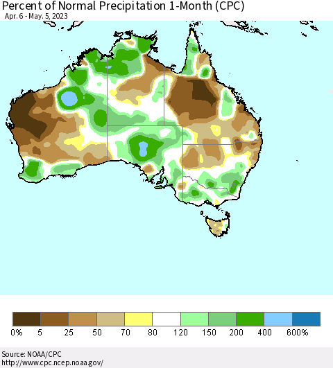 Australia Percent of Normal Precipitation 1-Month (CPC) Thematic Map For 4/6/2023 - 5/5/2023