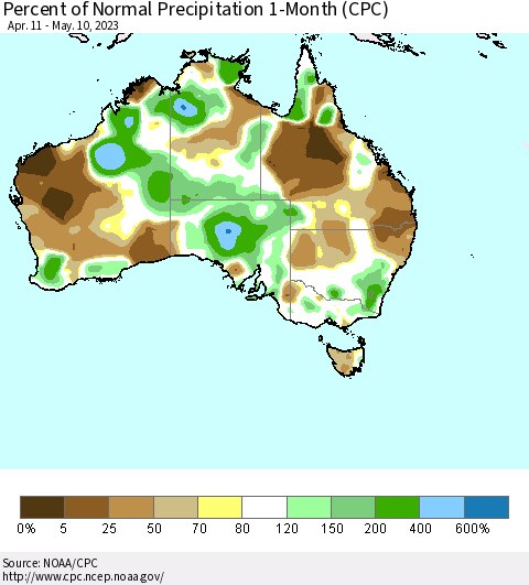 Australia Percent of Normal Precipitation 1-Month (CPC) Thematic Map For 4/11/2023 - 5/10/2023