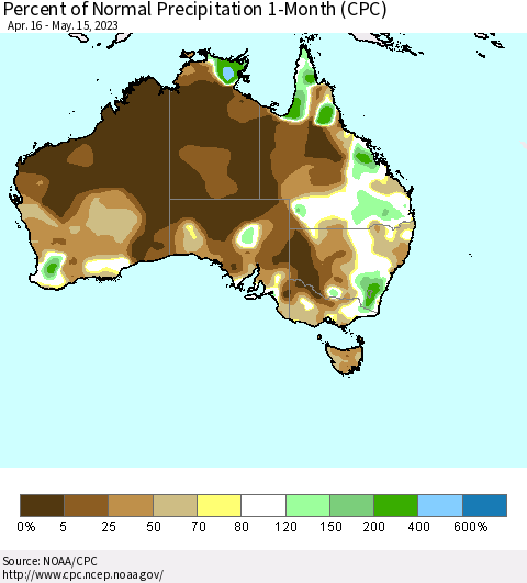 Australia Percent of Normal Precipitation 1-Month (CPC) Thematic Map For 4/16/2023 - 5/15/2023