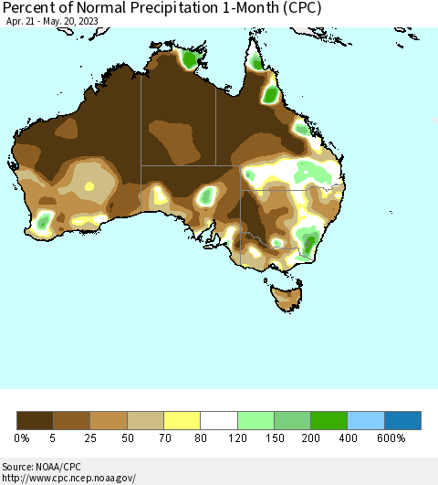 Australia Percent of Normal Precipitation 1-Month (CPC) Thematic Map For 4/21/2023 - 5/20/2023