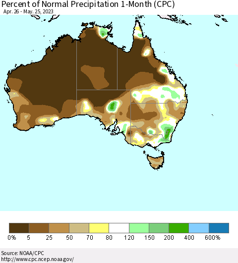 Australia Percent of Normal Precipitation 1-Month (CPC) Thematic Map For 4/26/2023 - 5/25/2023