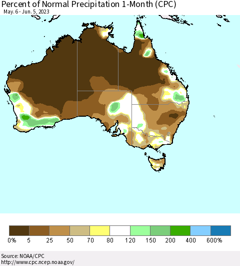 Australia Percent of Normal Precipitation 1-Month (CPC) Thematic Map For 5/6/2023 - 6/5/2023