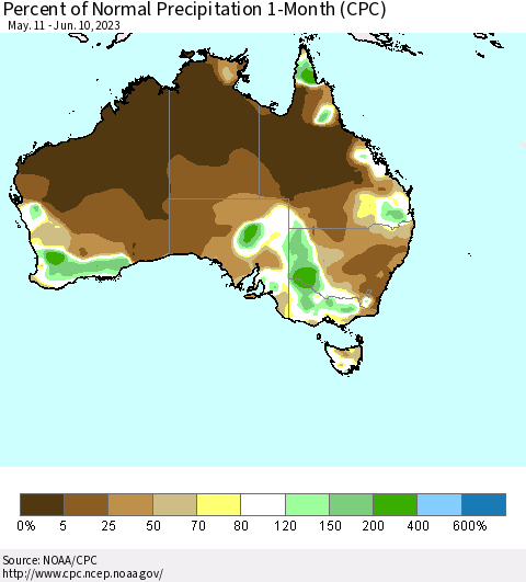 Australia Percent of Normal Precipitation 1-Month (CPC) Thematic Map For 5/11/2023 - 6/10/2023