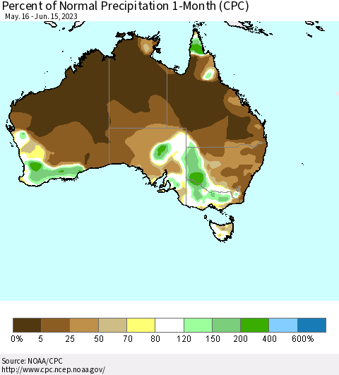Australia Percent of Normal Precipitation 1-Month (CPC) Thematic Map For 5/16/2023 - 6/15/2023