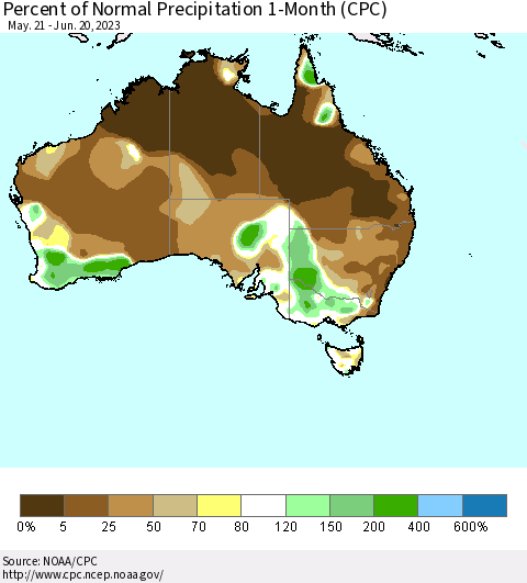 Australia Percent of Normal Precipitation 1-Month (CPC) Thematic Map For 5/21/2023 - 6/20/2023