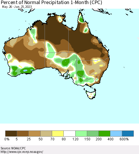 Australia Percent of Normal Precipitation 1-Month (CPC) Thematic Map For 5/26/2023 - 6/25/2023