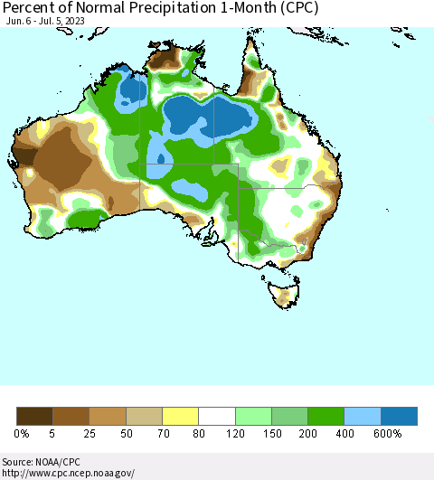 Australia Percent of Normal Precipitation 1-Month (CPC) Thematic Map For 6/6/2023 - 7/5/2023