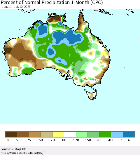 Australia Percent of Normal Precipitation 1-Month (CPC) Thematic Map For 6/11/2023 - 7/10/2023