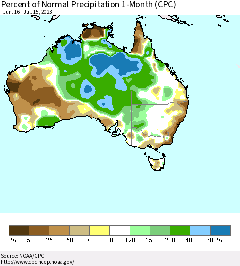 Australia Percent of Normal Precipitation 1-Month (CPC) Thematic Map For 6/16/2023 - 7/15/2023
