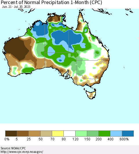 Australia Percent of Normal Precipitation 1-Month (CPC) Thematic Map For 6/21/2023 - 7/20/2023