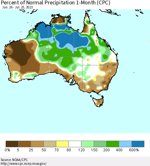 Australia Percent of Normal Precipitation 1-Month (CPC) Thematic Map For 6/26/2023 - 7/25/2023