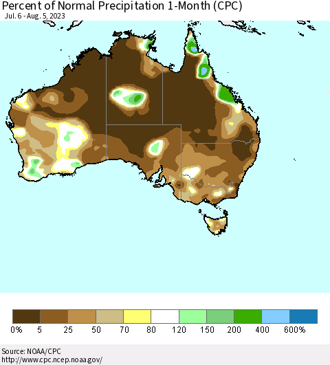 Australia Percent of Normal Precipitation 1-Month (CPC) Thematic Map For 7/6/2023 - 8/5/2023