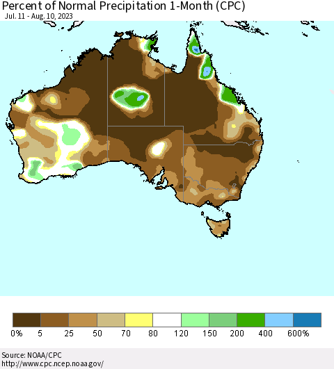 Australia Percent of Normal Precipitation 1-Month (CPC) Thematic Map For 7/11/2023 - 8/10/2023