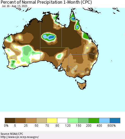 Australia Percent of Normal Precipitation 1-Month (CPC) Thematic Map For 7/16/2023 - 8/15/2023