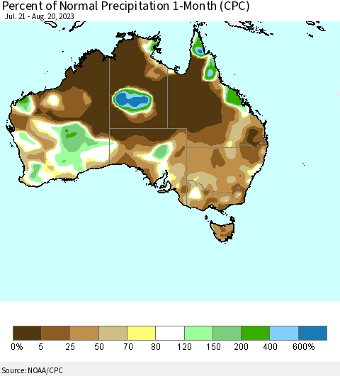 Australia Percent of Normal Precipitation 1-Month (CPC) Thematic Map For 7/21/2023 - 8/20/2023