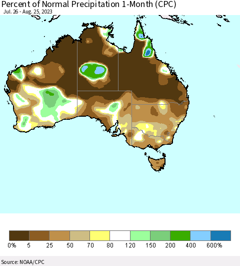 Australia Percent of Normal Precipitation 1-Month (CPC) Thematic Map For 7/26/2023 - 8/25/2023