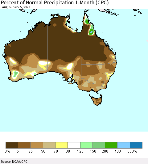 Australia Percent of Normal Precipitation 1-Month (CPC) Thematic Map For 8/6/2023 - 9/5/2023