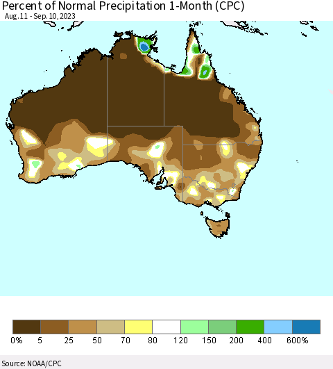 Australia Percent of Normal Precipitation 1-Month (CPC) Thematic Map For 8/11/2023 - 9/10/2023
