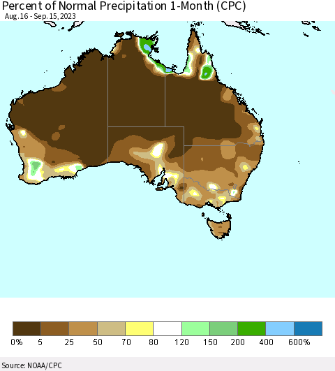 Australia Percent of Normal Precipitation 1-Month (CPC) Thematic Map For 8/16/2023 - 9/15/2023