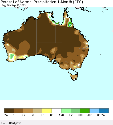 Australia Percent of Normal Precipitation 1-Month (CPC) Thematic Map For 8/26/2023 - 9/25/2023