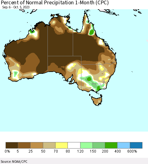 Australia Percent of Normal Precipitation 1-Month (CPC) Thematic Map For 9/6/2023 - 10/5/2023
