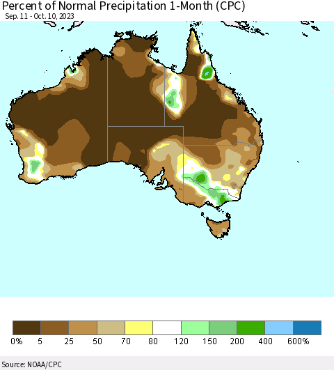 Australia Percent of Normal Precipitation 1-Month (CPC) Thematic Map For 9/11/2023 - 10/10/2023