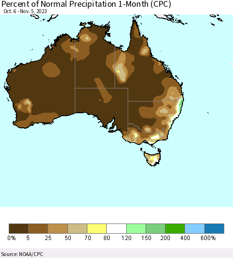 Australia Percent of Normal Precipitation 1-Month (CPC) Thematic Map For 10/6/2023 - 11/5/2023