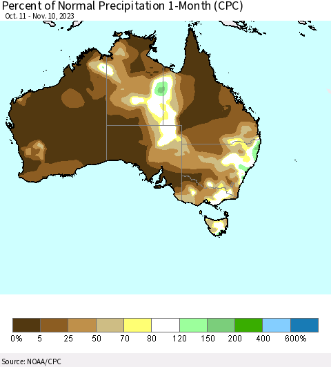 Australia Percent of Normal Precipitation 1-Month (CPC) Thematic Map For 10/11/2023 - 11/10/2023