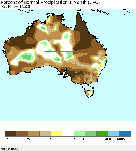 Australia Percent of Normal Precipitation 1-Month (CPC) Thematic Map For 10/16/2023 - 11/15/2023