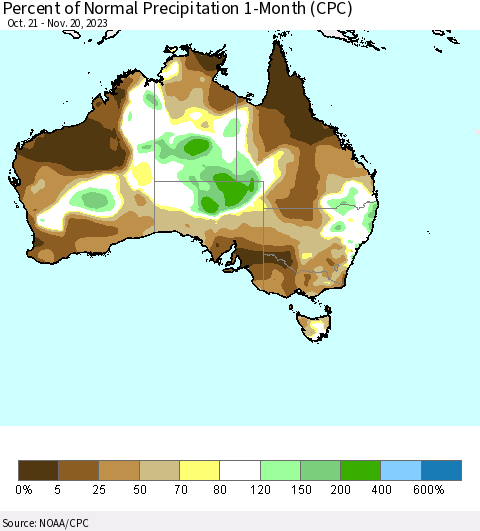 Australia Percent of Normal Precipitation 1-Month (CPC) Thematic Map For 10/21/2023 - 11/20/2023