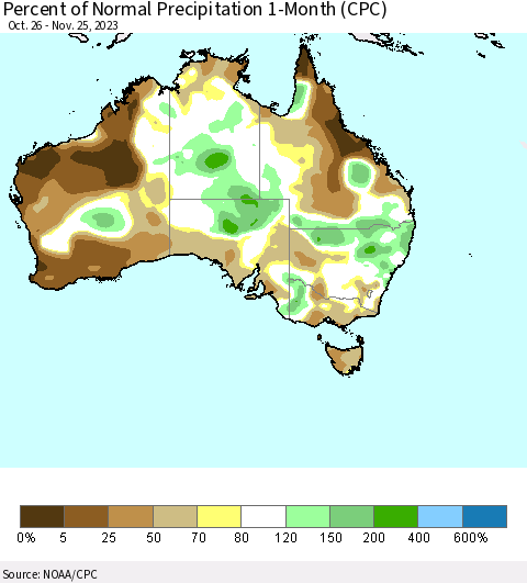 Australia Percent of Normal Precipitation 1-Month (CPC) Thematic Map For 10/26/2023 - 11/25/2023