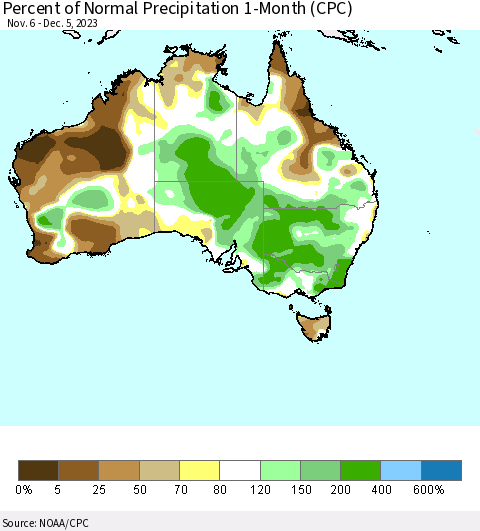 Australia Percent of Normal Precipitation 1-Month (CPC) Thematic Map For 11/6/2023 - 12/5/2023