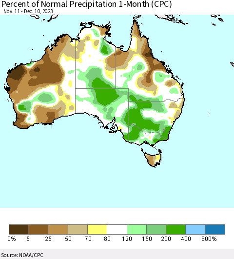 Australia Percent of Normal Precipitation 1-Month (CPC) Thematic Map For 11/11/2023 - 12/10/2023