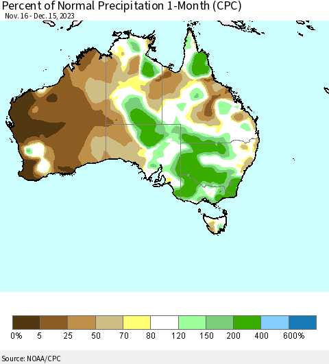 Australia Percent of Normal Precipitation 1-Month (CPC) Thematic Map For 11/16/2023 - 12/15/2023