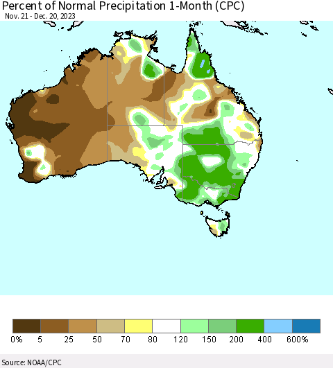 Australia Percent of Normal Precipitation 1-Month (CPC) Thematic Map For 11/21/2023 - 12/20/2023