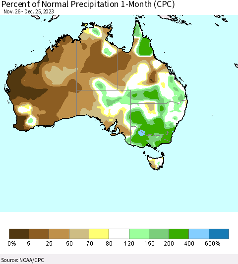 Australia Percent of Normal Precipitation 1-Month (CPC) Thematic Map For 11/26/2023 - 12/25/2023