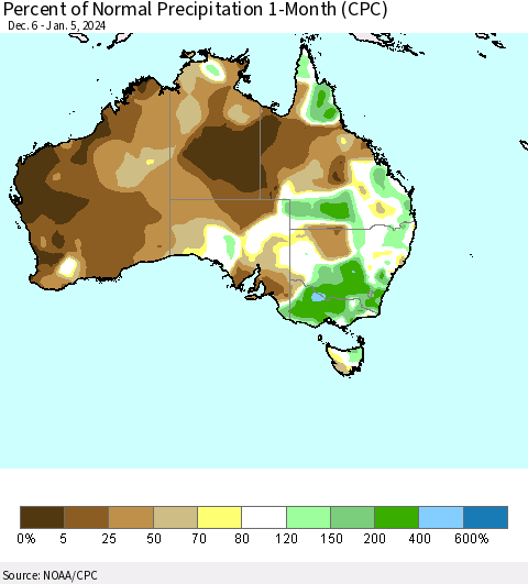 Australia Percent of Normal Precipitation 1-Month (CPC) Thematic Map For 12/6/2023 - 1/5/2024