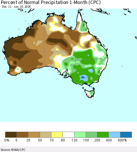 Australia Percent of Normal Precipitation 1-Month (CPC) Thematic Map For 12/11/2023 - 1/10/2024