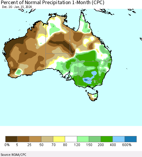 Australia Percent of Normal Precipitation 1-Month (CPC) Thematic Map For 12/16/2023 - 1/15/2024