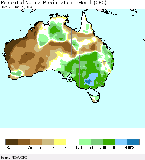 Australia Percent of Normal Precipitation 1-Month (CPC) Thematic Map For 12/21/2023 - 1/20/2024