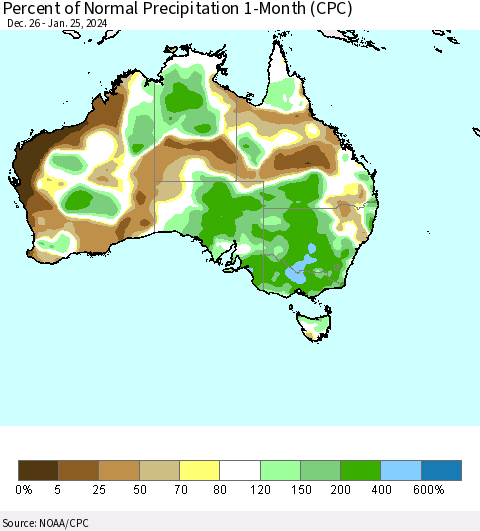 Australia Percent of Normal Precipitation 1-Month (CPC) Thematic Map For 12/26/2023 - 1/25/2024