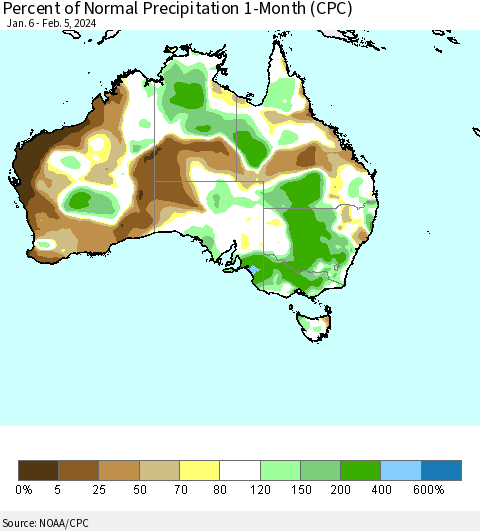 Australia Percent of Normal Precipitation 1-Month (CPC) Thematic Map For 1/6/2024 - 2/5/2024