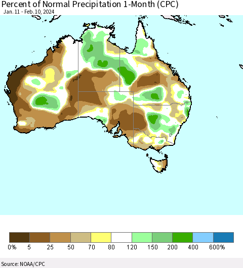 Australia Percent of Normal Precipitation 1-Month (CPC) Thematic Map For 1/11/2024 - 2/10/2024