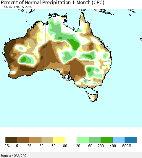 Australia Percent of Normal Precipitation 1-Month (CPC) Thematic Map For 1/16/2024 - 2/15/2024