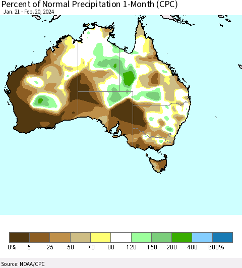 Australia Percent of Normal Precipitation 1-Month (CPC) Thematic Map For 1/21/2024 - 2/20/2024