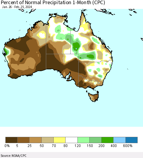 Australia Percent of Normal Precipitation 1-Month (CPC) Thematic Map For 1/26/2024 - 2/25/2024