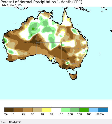 Australia Percent of Normal Precipitation 1-Month (CPC) Thematic Map For 2/6/2024 - 3/5/2024